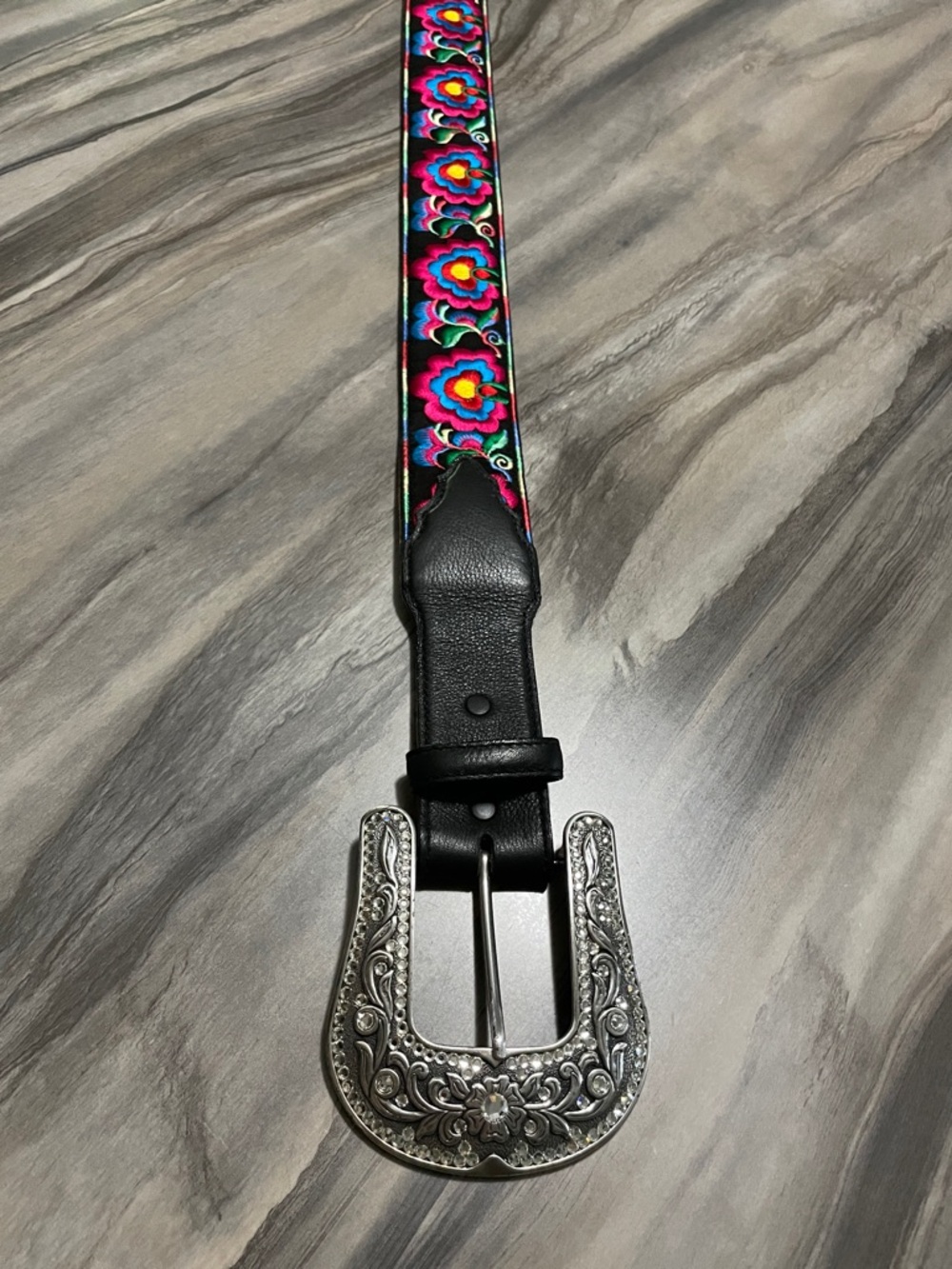 Justin Boots Black Leather Western Belt with Ornate Silver Crystal Buckle